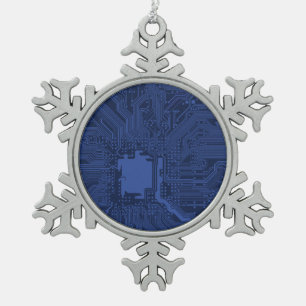 Blue Geek Motherboard Pattern Snowflake Pewter Christmas Ornament