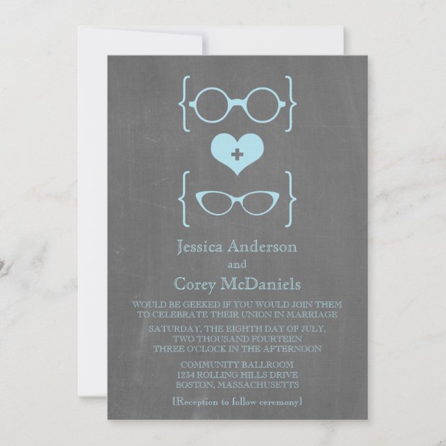 Blue Geeky Glasses Chalkboard Wedding Invite (Front)