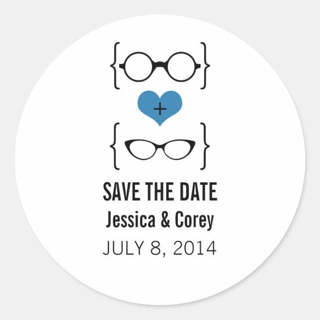 Blue Geeky Glasses Save the Date Stickers (Front)