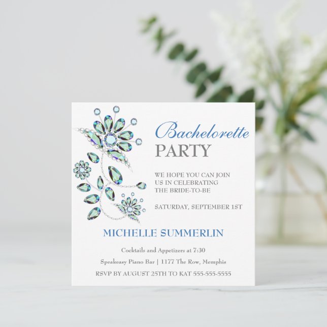 Blue Gems Floral Bachelorette Party Invitation (Standing Front)