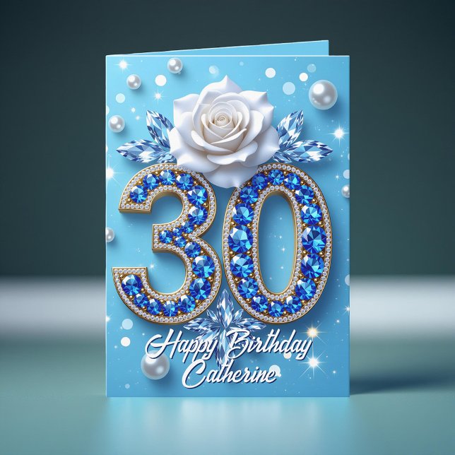 Blue Gemstones and Pearls White Rose 30th Birthday Card (Creator Uploaded)