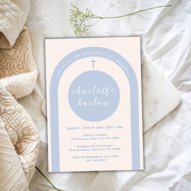 Blue Gender Neutral Boho Arch Cross Baptism Invitation (Blue Gender Neutral Boho Arch Cross Baptism Invitation)