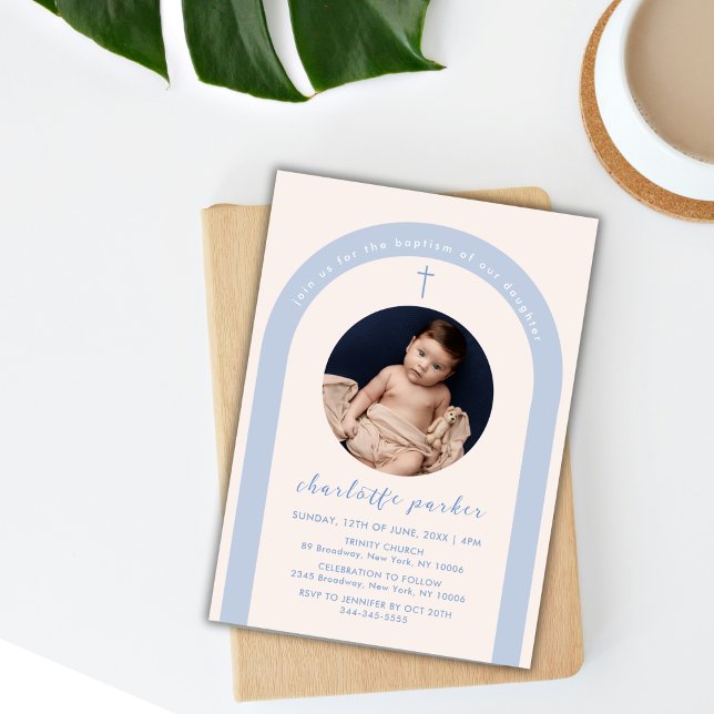 Blue Gender Neutral Boho Arch Cross Photo Baptism Invitation (Blue Gender Neutral Boho Arch Cross Photo Baptism Invitation)