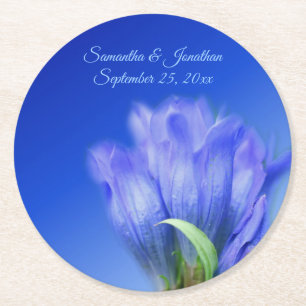 Blue Gentian Flower Personalised Wedding Round Paper Coaster
