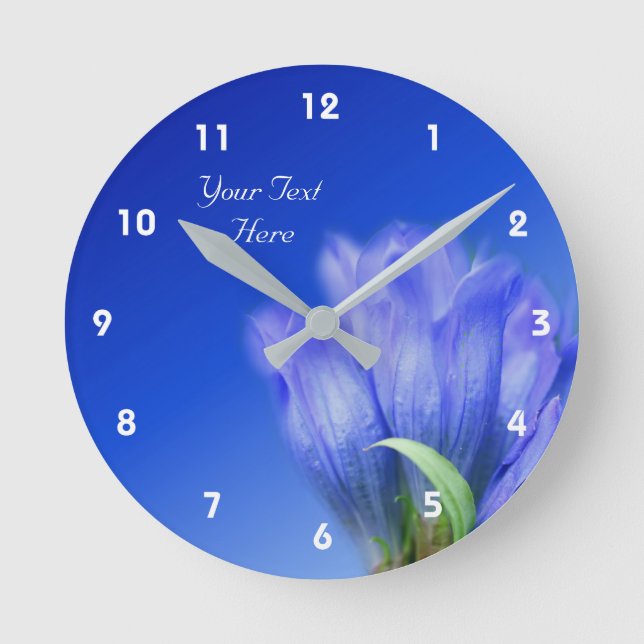 Blue Gentian Flower Personalized Round Clock (Front)