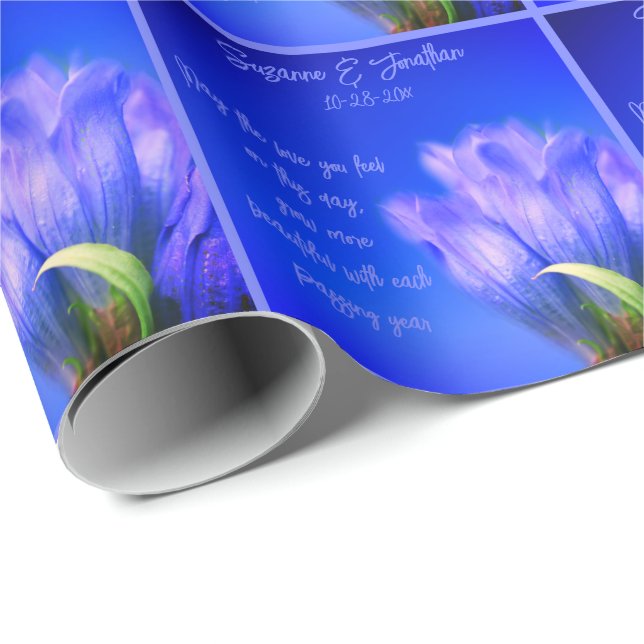 Blue Gentian Flower Wedding Personalised Wrapping Paper (Roll Corner)
