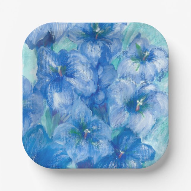 Blue Gentian Flowers Painting Paper Plate (Front)