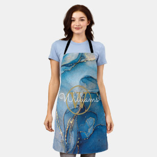 Blue Geode Agate Gold Monogram Script Name Apron