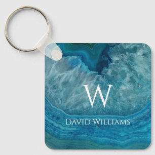 Blue Geode Agate Monogram Modern  Name & Initial Key Ring