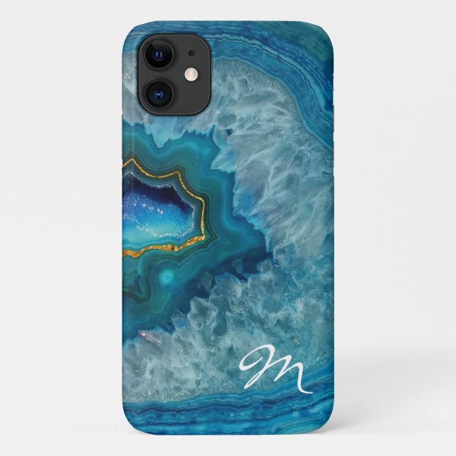 Blue Geode Agate Monogrammed Case-Mate iPhone Case (Back)