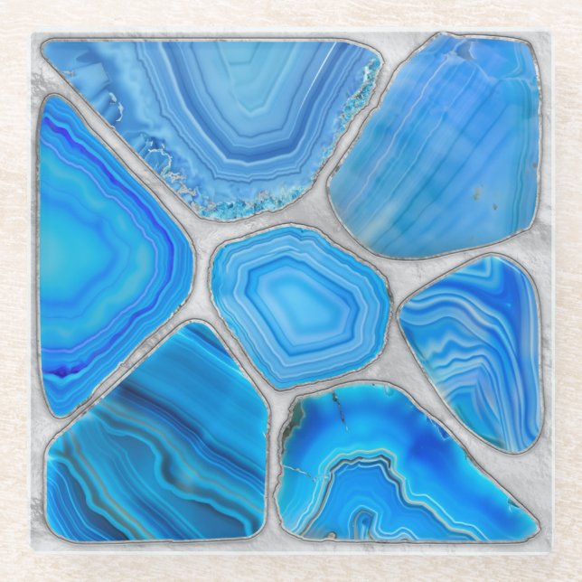 Blue Geode Agate Mosaic Flower art Glass Coaster (Front)