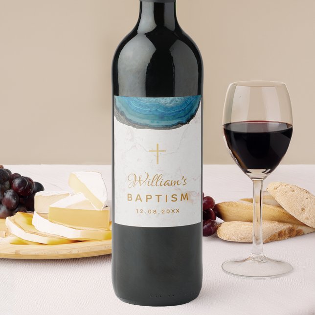 Blue Geode Boy Baptism Marble Gold Cross Agate Wine Label (Creator Uploaded)