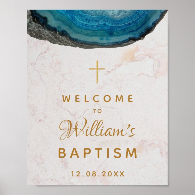 Blue Geode Boy Baptism Marble Gold Cross Welcome Poster (Front)