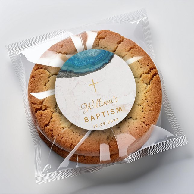 Blue Geode Boy Baptism White Marble Gold Cross Classic Round Sticker (Creator Uploaded)