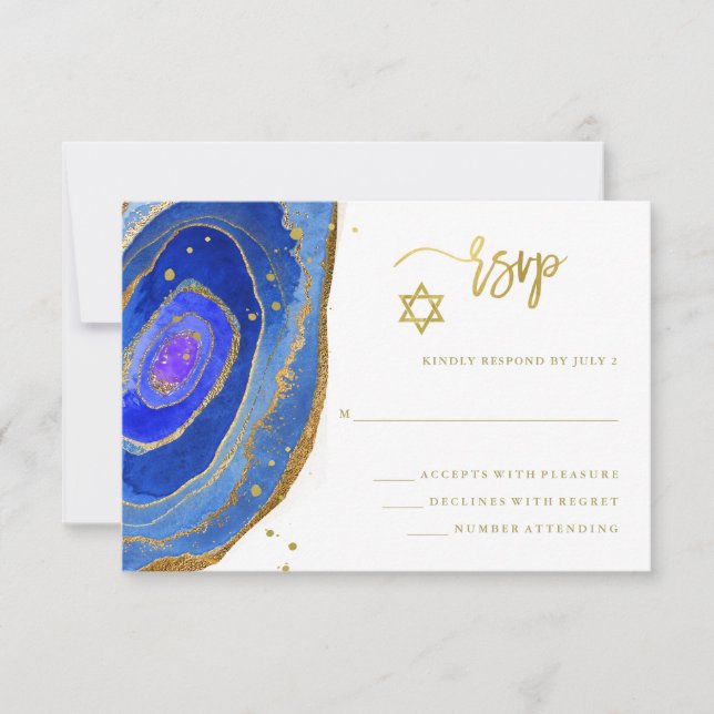 Blue Geode with Gold Bat Mitzvah or Bar Mitzvah RSVP Card (Front)
