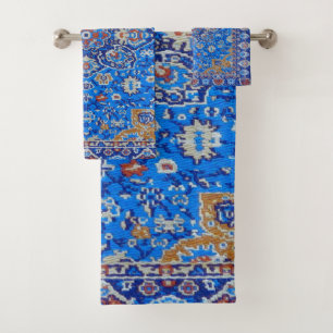 Blue geometric antique persian mid century pattern bath towel set