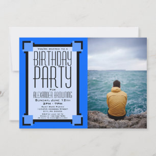 Blue Geometric Art Deco Birthday Party Invitation