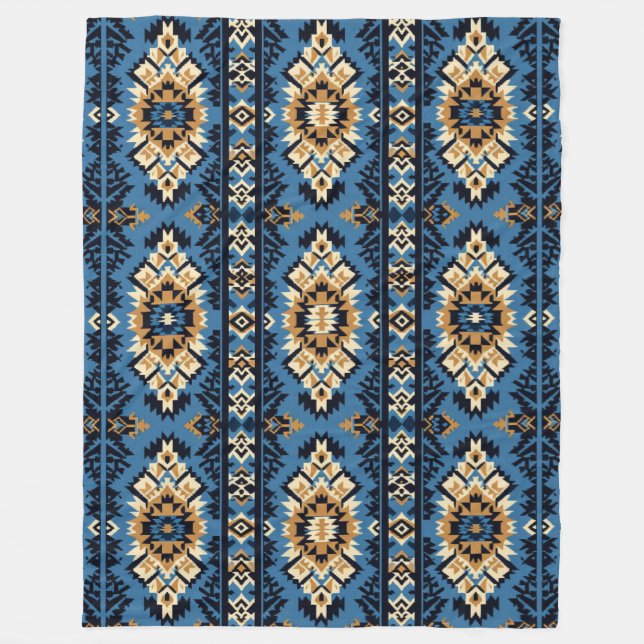 Blue Geometric Aztec Knitted Print Fleece Blanket (Front)