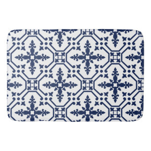 Blue geometric decorative ornamental Moroccan tile Bath Mat