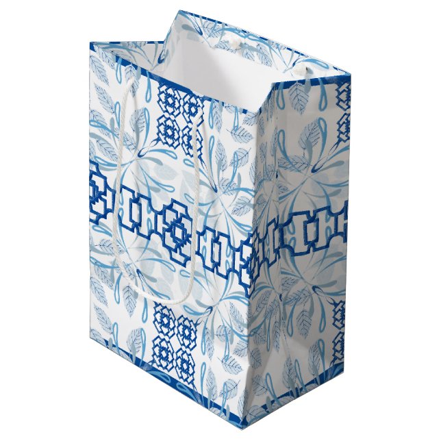Blue Geometric Floral Chinoiserie | Wedding Medium Gift Bag (Front Angled)