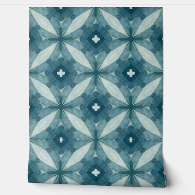 Blue Geometric Floral Pattern Wallpaper (Unrolling)