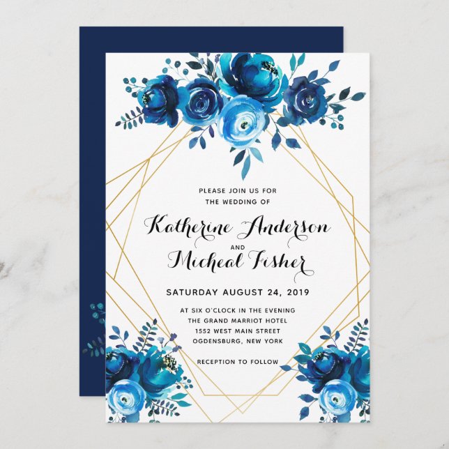 Blue Geometric Floral Wedding Invitation (Front/Back)