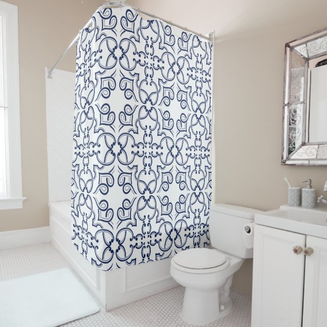 Blue geometric intricate ornamental Moroccan tile Shower Curtain (In Situ)