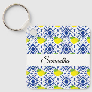 Blue Geometric Lemon Tile Key Ring