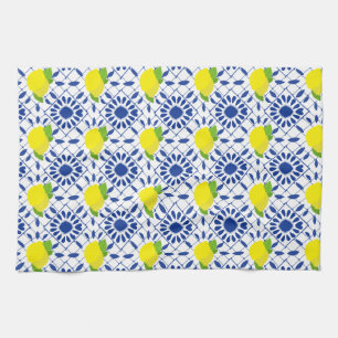 Blue Geometric Lemon Tile Tea Towel