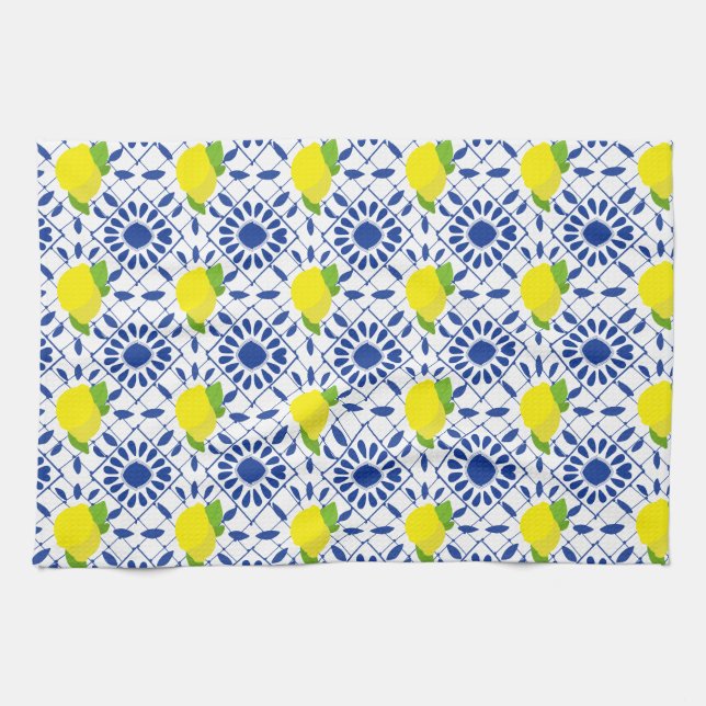 Blue Geometric Lemon Tile Tea Towel (Horizontal)