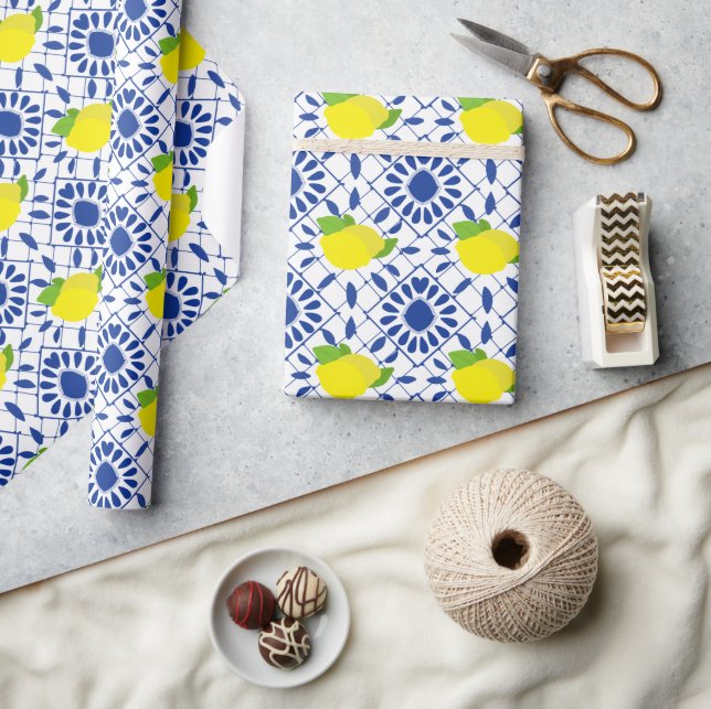 Blue Geometric Lemon Tile Wrapping Paper (Crafts)