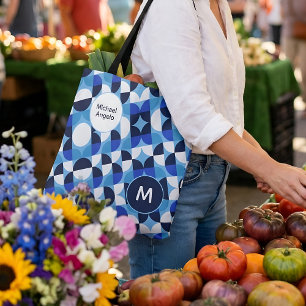 Blue Geometric Mosaic Bauhaus Monogram Custom Name Tote Bag