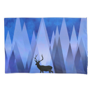 BLUE GEOMETRIC MOUNTAINS DEER PILLOWCASE