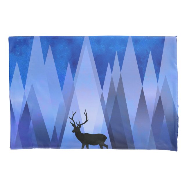 BLUE GEOMETRIC MOUNTAINS DEER PILLOWCASE (Front)