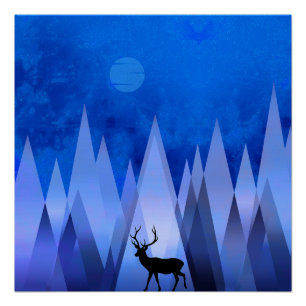 BLUE GEOMETRIC MOUNTAINS DEER POSTER