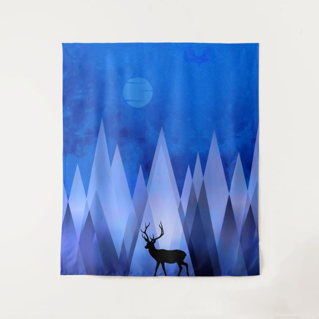 BLUE GEOMETRIC MOUNTAINS DEER TAPESTRY (Front)