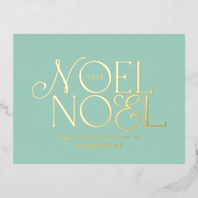 blue geometric Noel script elegant modern  Foil Holiday Postcard (Front)