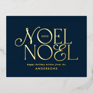 blue geometric Noel script elegant modern  Foil Holiday Postcard