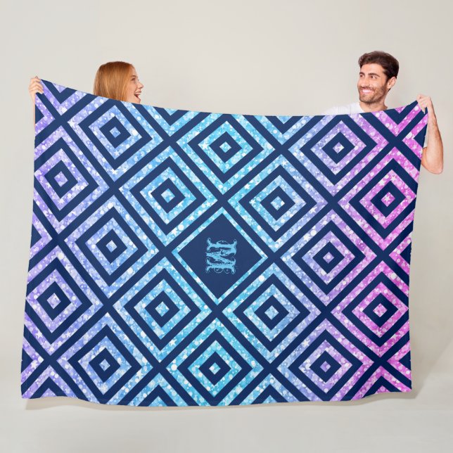 Blue Geometric Pattern & Colourful Glitter Fleece Blanket (In Situ)