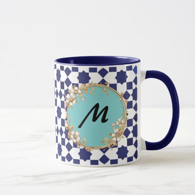 Blue Geometric Pattern Mug with Gold Floral Circle (Right)