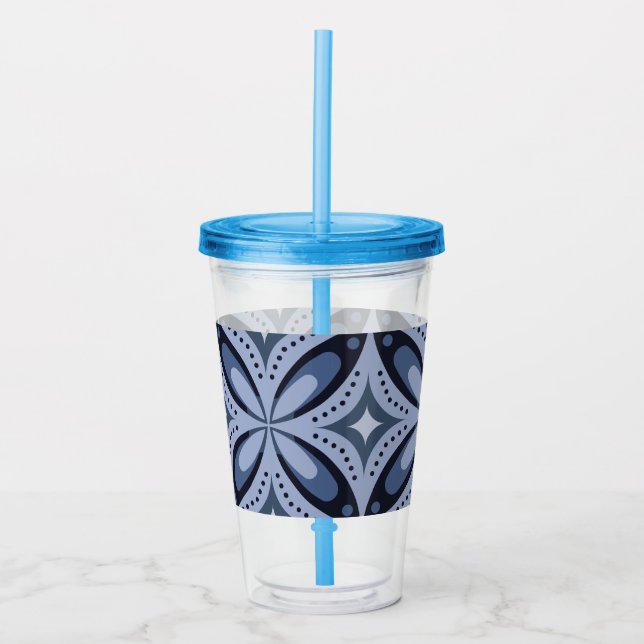 Blue Geometric Pattern Retro Style Acrylic Tumbler (Front)