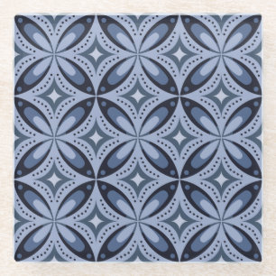 Blue Geometric Pattern Retro Style Glass Coaster