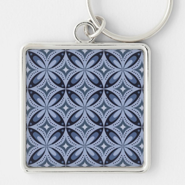 Blue Geometric Pattern Retro Style Key Ring (Front)