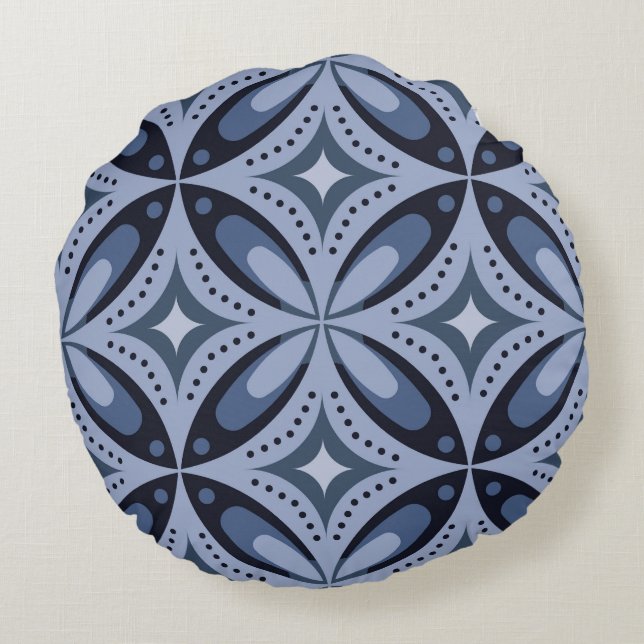 Blue Geometric Pattern Retro Style Round Cushion (Back)