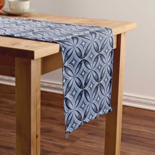Blue Geometric Pattern Retro Style Short Table Runner (In Situ)