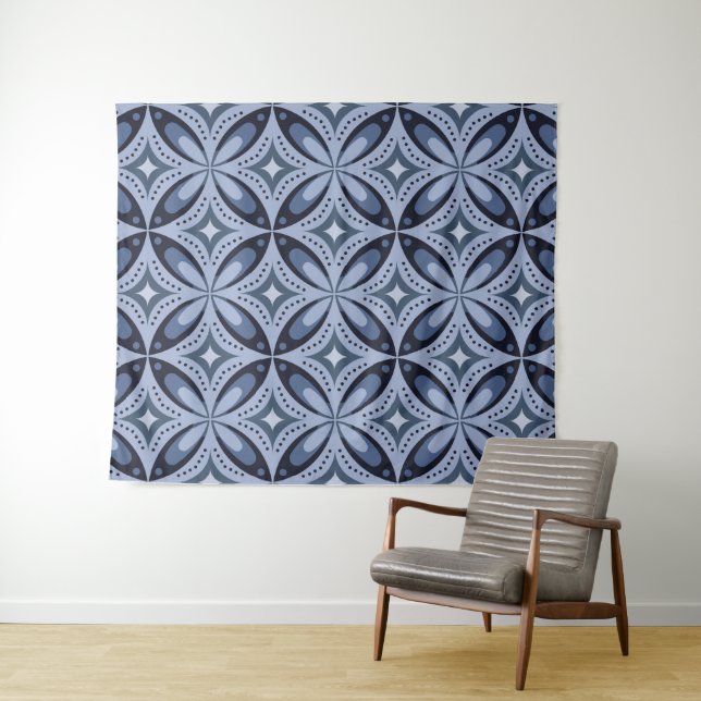 Blue Geometric Pattern Retro Style Tapestry (In Situ (Horizontal))