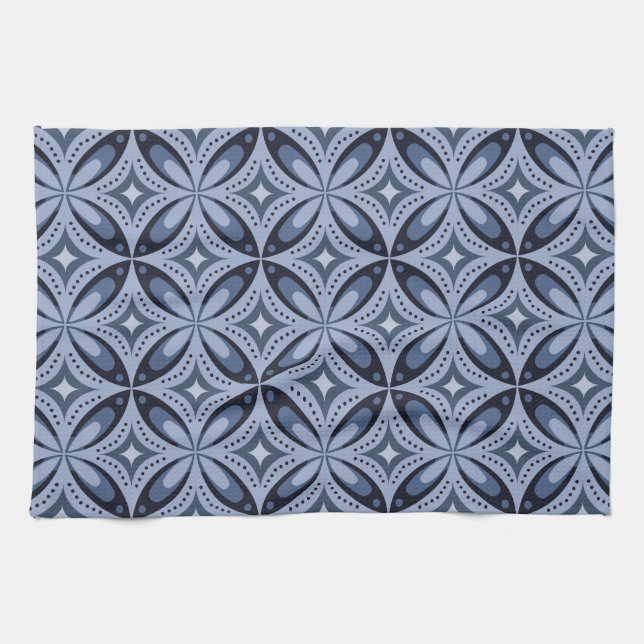 Blue Geometric Pattern Retro Style Tea Towel (Horizontal)