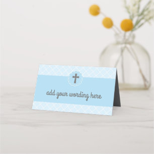 Blue Geometric Pattern With Grey Cross Baptism Place Card