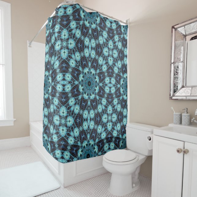 Blue Geometric Pattern with Radiant Glow Shower Curtain (In Situ)