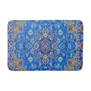 Blue geometric persian turkish mid century pattern bath mat